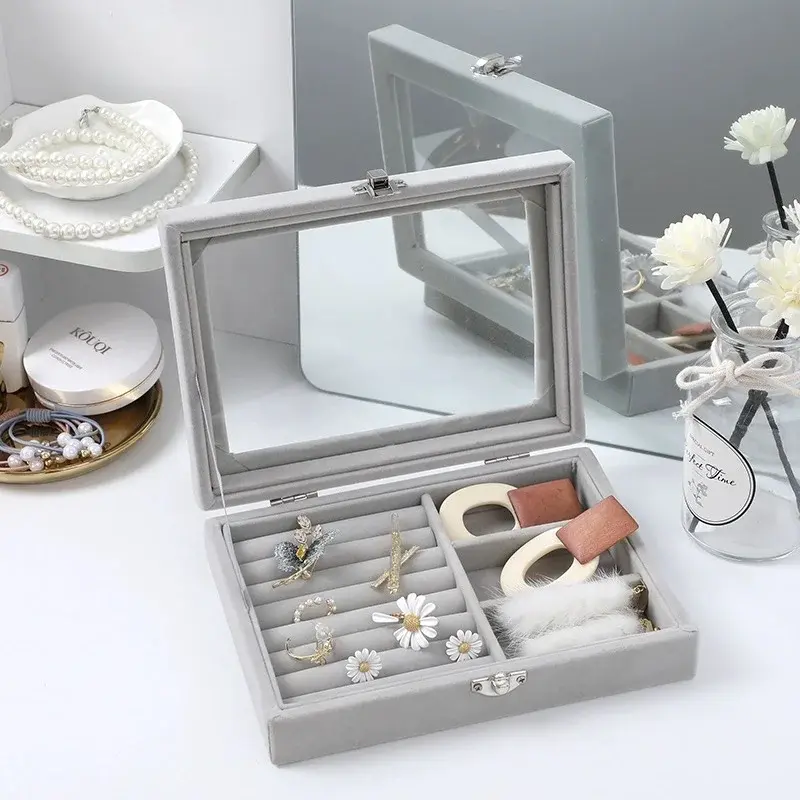 Herzberg-HG-05330-Organisateur-de-bijoux-en-velours-avec-couvercle-en-verre-3-grilles-7-emplacements-pour-bagues-HG-053-5.webp