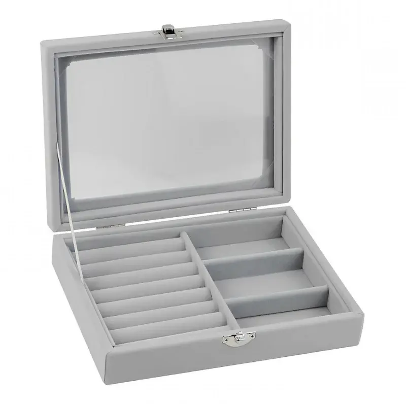 Herzberg-HG-05330-Organisateur-de-bijoux-en-velours-avec-couvercle-en-verre-3-grilles-7-emplacements-pour-bagues-HG-053.webp