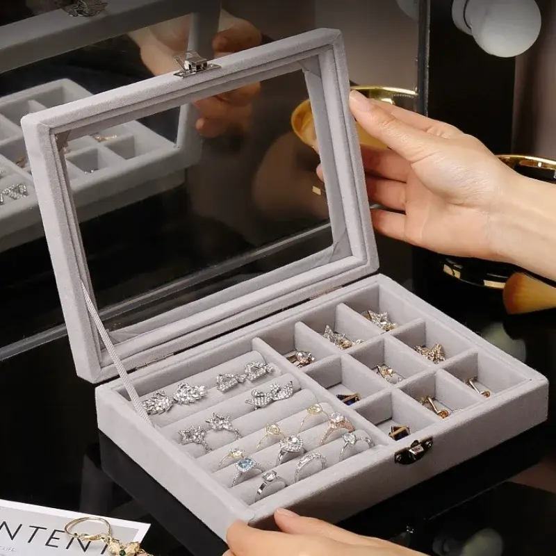 Herzberg-HG-05361-Velvet-Jewelry-Organizer-with-Glass-Lid-9-Grids-7-Ring-Slots-HG-05361-1.webp