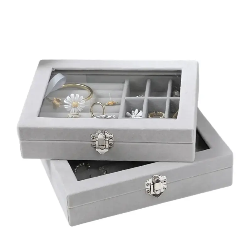 Herzberg-HG-05361-Organisateur-de-Bijoux-en-Velours-Avec-Couvercle-en-Verre-9-Grilles-7-Emplacements-Pour-Bagues-HG-053.webp