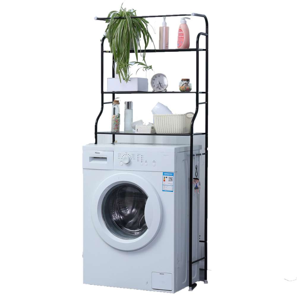 Herzberg HG-03299: 3-Tier Washing Machine and Bathroom Storage Shelf with Towel Hanger - Black