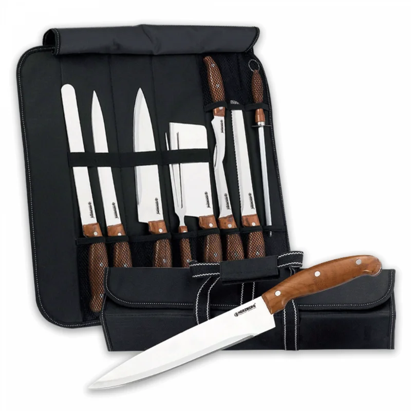 Herzberg HG-K9W: 9 Pieces Knife Set with Roll-up Carry Bag