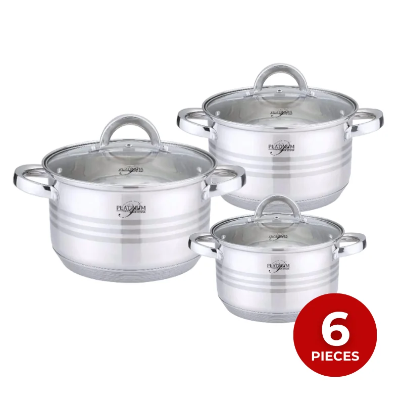 Platinum Cookware PL-10011: 6 Pieces S/S Cooking Pots with Stripe Accent -16/18/20cm