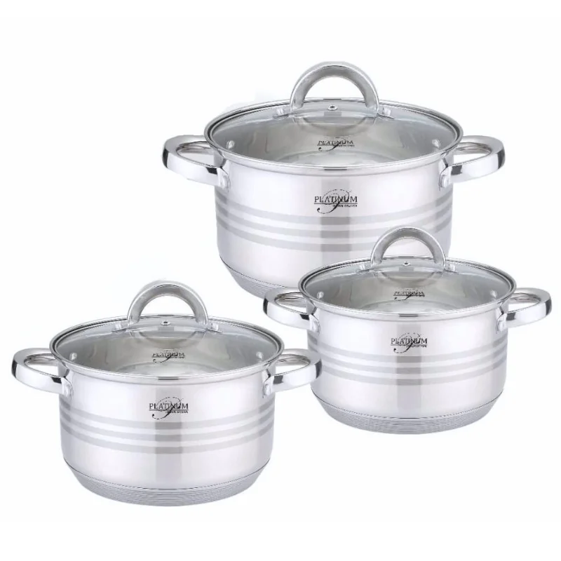 Platinum Cookware PL-10011-2: 6 Pieces S/S Cooking Pots with Stripe Accent - 18/20/24cm