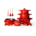 Royalty Line RL-OS1014M RED: 17 Pieces Die Cast Aluminum Marble Coated Cookware Set - Red