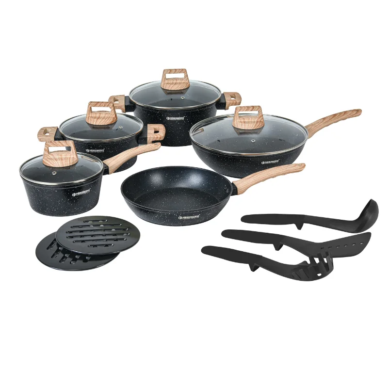 Herzberg HG-WDMRB14: 15 Pieces Granite Coated with Wood Accent Handle - Black