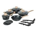 Herzberg HG-WDMRB14: 15 Pieces Granite Coated with Wood Accent Handle - Black