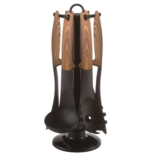 Cheffinger CF-UT02: 6 Pieces Utensil Set with Rotating Stand - Wood