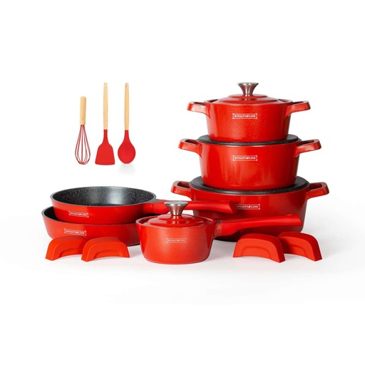 Royalty Line RL-OS1014M RED: 17 Pieces Die Cast Aluminum Marble Coated Cookware Set - Red