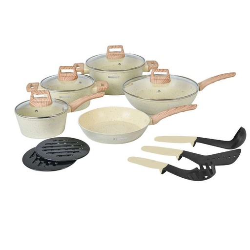 Herzberg HG-WDBEJ14: 15 Pieces Granite Coated with Wood Accent Handle - Biege